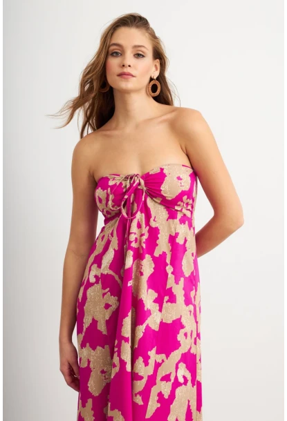 Kadın Fuşya Büzgülü Desenli Midi Elbise KAB304