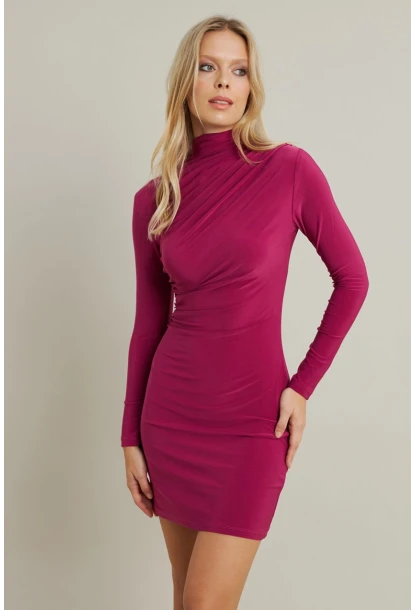 Kadın Fuşya Büzgülü Dik Yaka Mini Elbise ELT3138-90