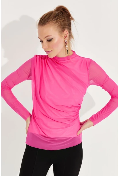 Kadın Fuşya Büzgülü Drapeli Tül Bluz LPP1244