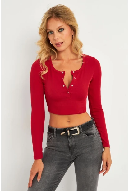 Kadın Fuşya Çıtçıtlı Crop Bluz CG379