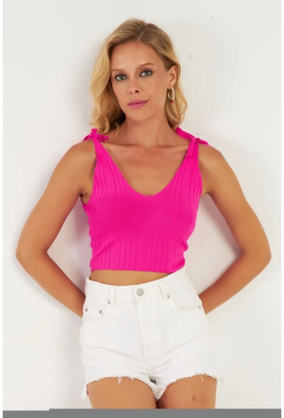 Kadın Fuşya Omuzları Bağlamalı Triko Bluz YV260