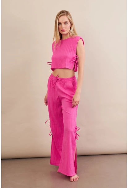 Kadın Fuşya Omuzları Vatkalı Bağlama Detaylı Alt Üst Takım KED002