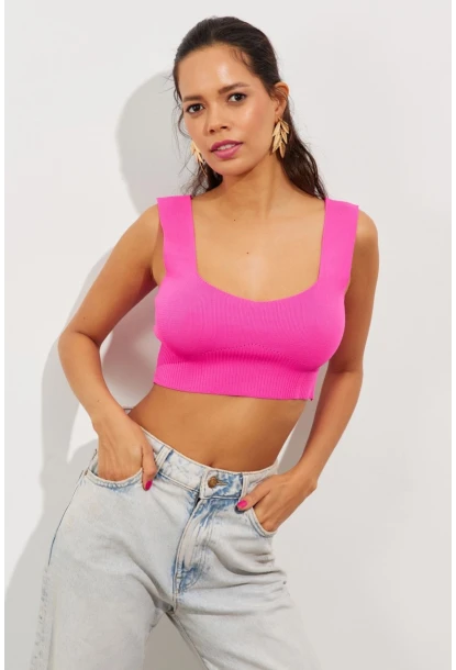 Kadın Fuşya Triko Crop Atlet YV118
