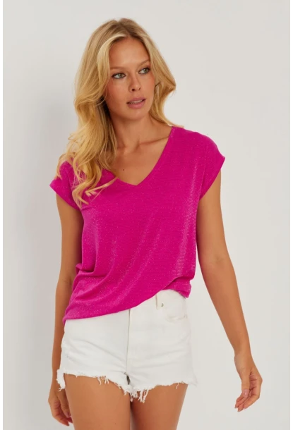 Kadın Fuşya V Yaka Simli Bluz RX436