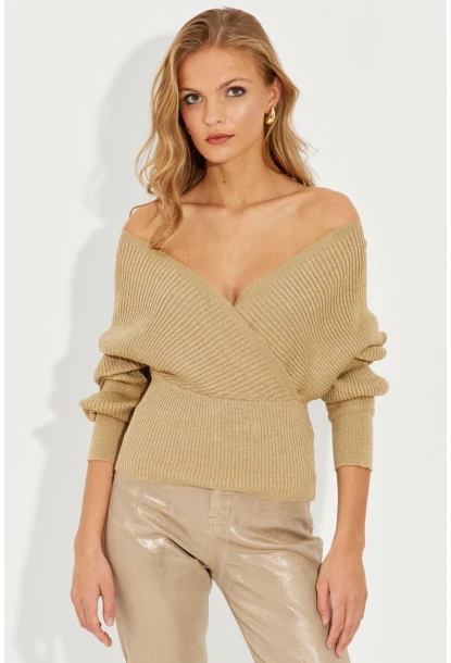 Kadın Gold Rengi Kruvaze Simli Kazak KED125