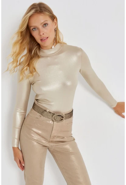 Kadın Gold Rengi Parlak Bluz LPP1245