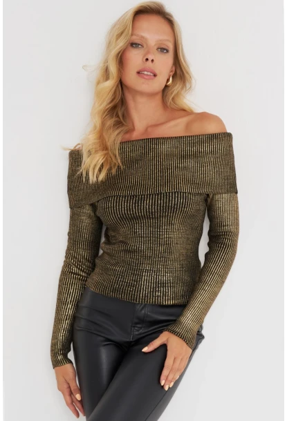 Kadın Gold Rengi Varaklı Madonna Triko Bluz SF2523