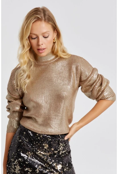 Kadın Gold Rengi Varakli Triko Bluz SF2530