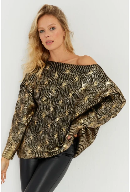 Kadın Gold Rengi Varaklı Triko Kazak SF2533