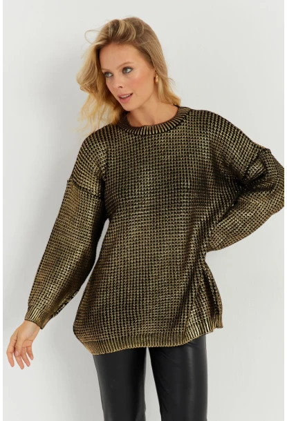 Kadın Gold Rengi Varaklı Triko Kazak SF2534