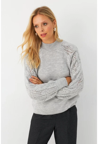 Kadın Gri Ajurlu Triko Kazak MAYD17