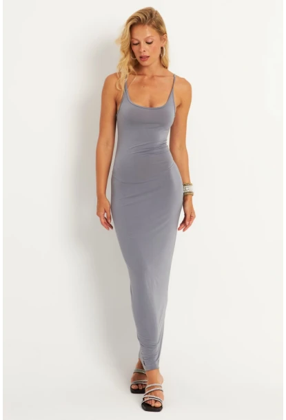 Kadın Gri Ayarlanabilir Askılı Maxi Elbise MEN2004