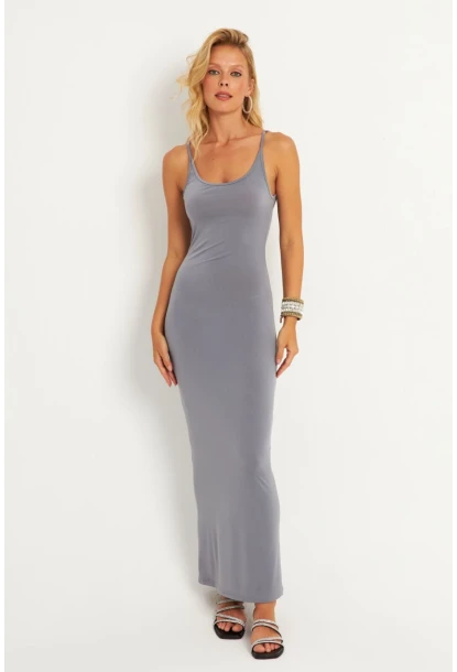 Kadın Gri Ayarlanabilir Askılı Maxi Elbise MEN2004