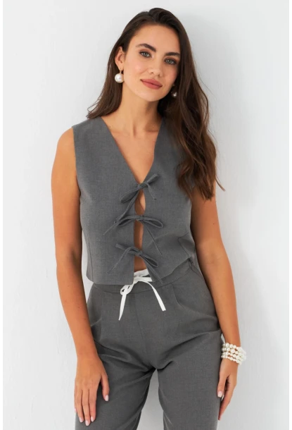 Kadın Gri Bağlama Detaylı Astarlı Yelek ELA6645