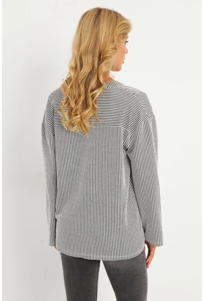 Kadın Gri Çizgili Cepli Sweatshirt TF01