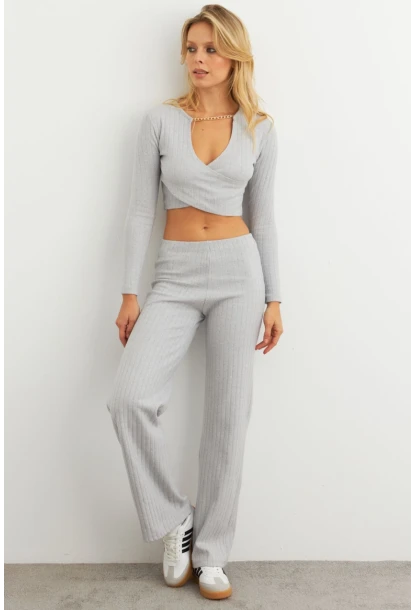 Kadın Gri Crop Üstlü İkili Pantolon Takım XL10052