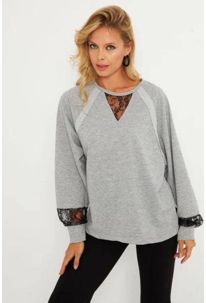 Kadın Gri Dantel Detaylı Sweatshirt EY2906