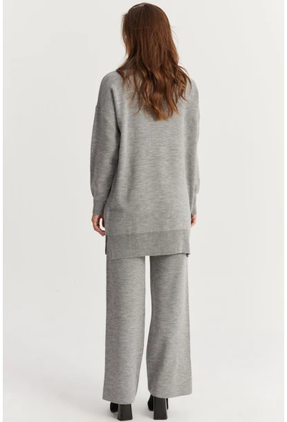 Kadın Gri Denim Yakalı İncili Alt Üst Triko Takım NUV22