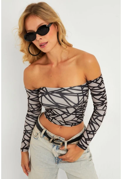 Kadın Gri Desenli Crop Bluz CG378