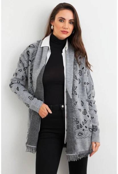 Kadın Gri Desenli Triko Hırka MVI14209