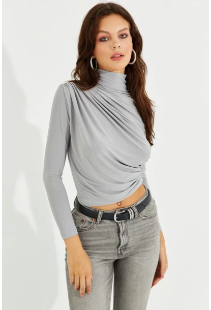 Kadın Gri Drapeli Bluz LPP1226