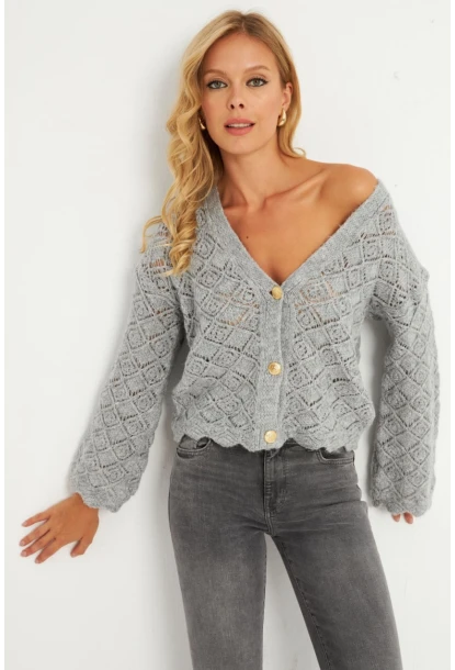 Kadın Gri Düğme Detaylı Hırka YV276