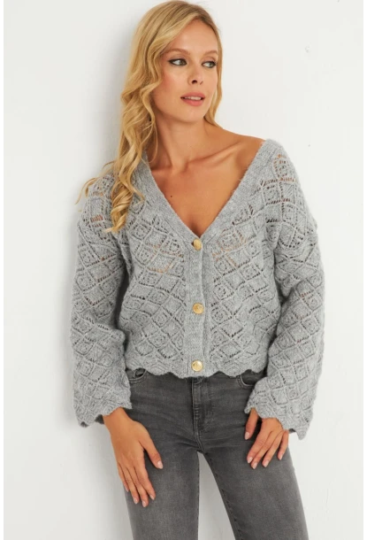 Kadın Gri Düğme Detaylı Hırka YV276