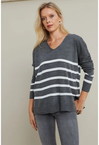 Kadın Gri-Ekru V Yaka Çizgili Triko Kazak MYİL550