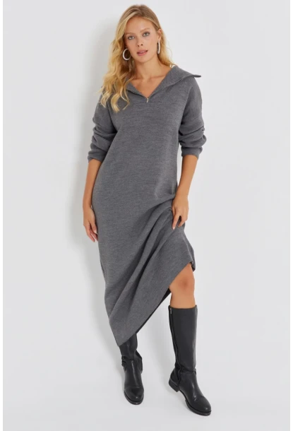 Kadın Gri Fermuarlı Triko Maxi Elbise SF2525