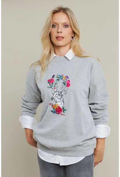 Kadın Gri-Fuşya Nakışlı Sweatshirt YLE20