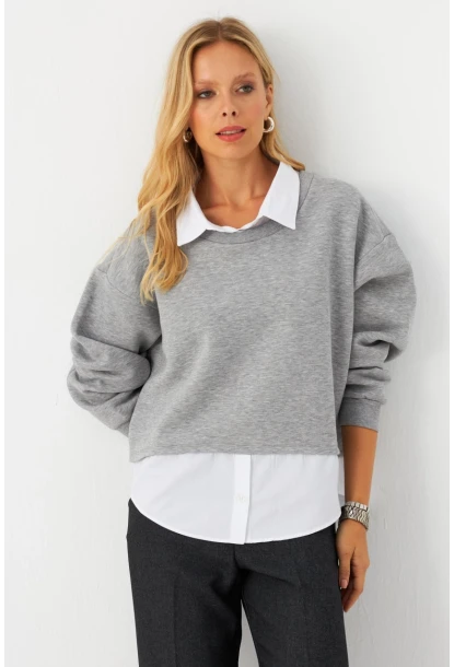 Kadın Gri Gömlek Detaylı Sweatshirt MAYD21