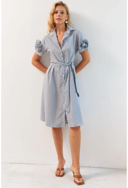 Kadın Gri Gül Detaylı Midi Gömlek Elbise SF12812