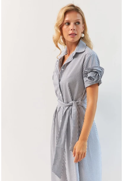 Kadın Gri Gül Detaylı Midi Gömlek Elbise SF12812