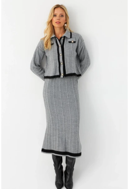 Kadın Gri İkili Alt Üst Triko Takım NUV34