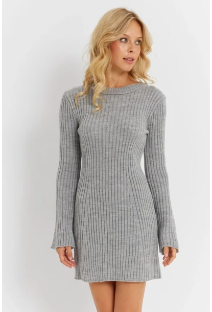 Kadın Gri İspanyol Kol Triko Mini Elbise YV273