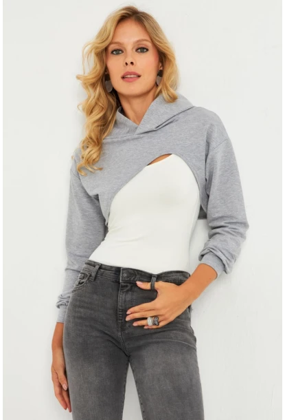 Kadın Gri Kapüşonlu Crop Sweatshirt  TF03