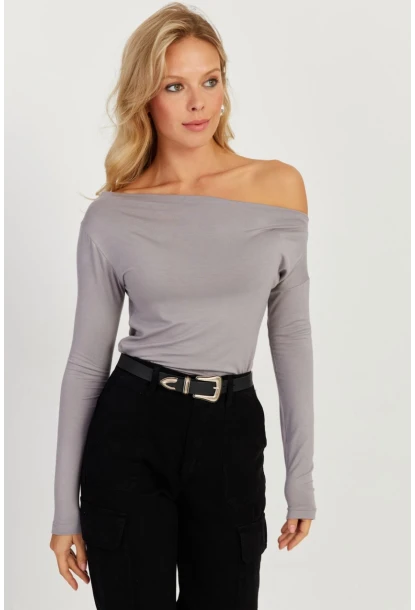 Kadın Gri Kayık Yaka Bluz LPP1254