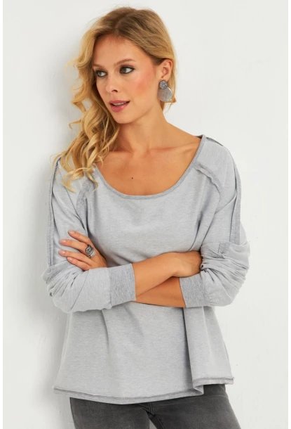 Kadın Gri Kayık Yaka Ters Dikişli Sweatshirt TF10