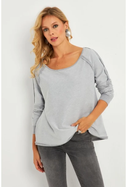 Kadın Gri Kayık Yaka Ters Dikişli Sweatshirt TF10