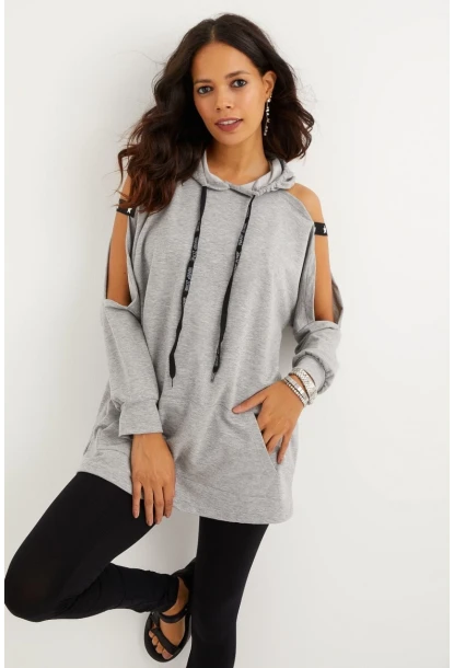 Kadın Gri Kolları Açık Kapüşonlu Sweatshirt Yİ2356