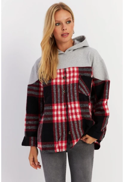 Kadın Gri Kontrast Düğmeli Sweatshirt YLE004