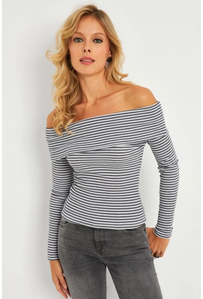 Kadın Gri Madonna Yaka Çizgili Bluz XL2400