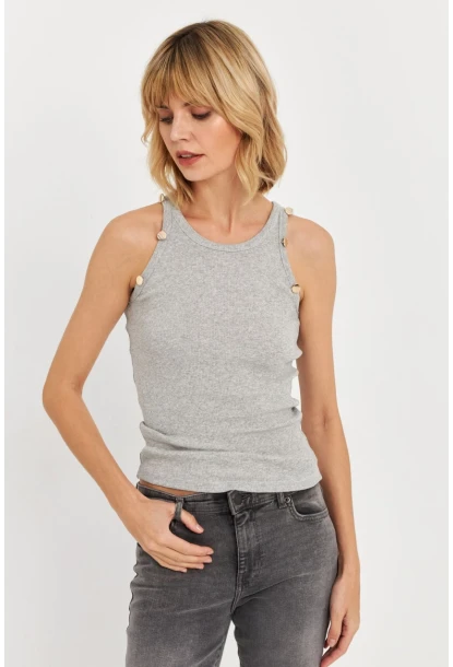 Kadın Gri Melanj Düğme Detaylı Kolsuz Kaşkorse Bluz TF55