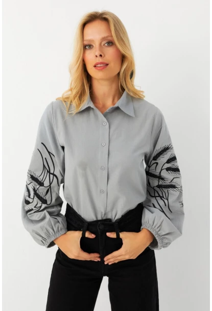 Kadın Gri Nakışlı Balon Kol Gömlek MQS5603
