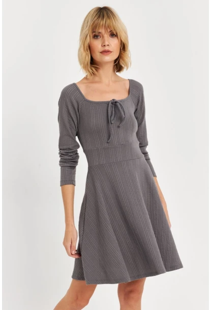Kadın Gri Önü Bağlamalı Mini Elbise TF59