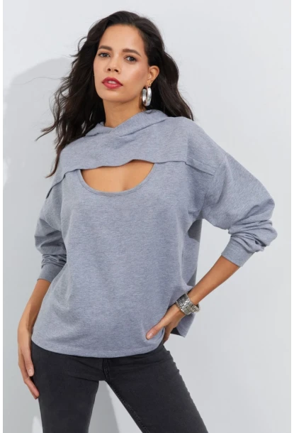 Kadın Gri Önü Pencereli Kapüşonlu Sweatshirt Yİ2486