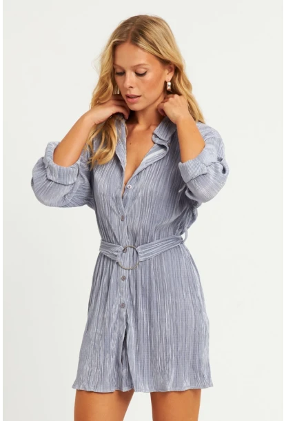 Kadın Gri Piliseli Kemerli Mini Elbise TW70124-90