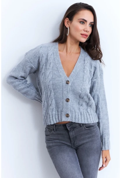 Kadın Gri Saç Örgülü Hırka YV295