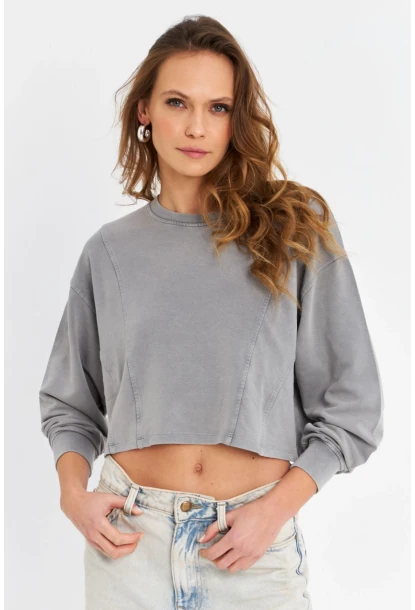 Kadın Gri Salaş Crop Sweatshirt ZH08