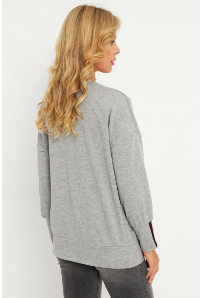 Kadın Gri Şerit Detaylı V Yaka Sweatshirt  EY2905